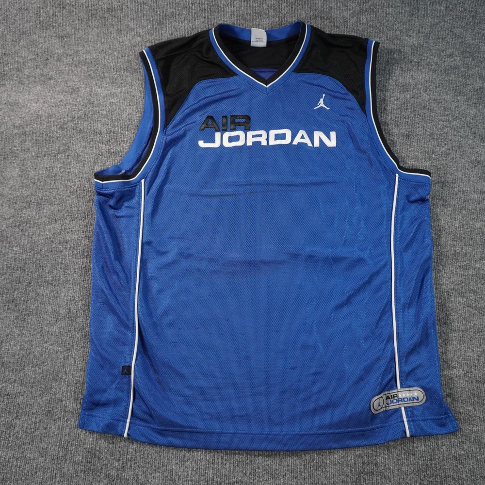 Jordan Basketball Jersey Mens XL Blue Black Mesh V-Neck Jumpman Logo Sleeveless